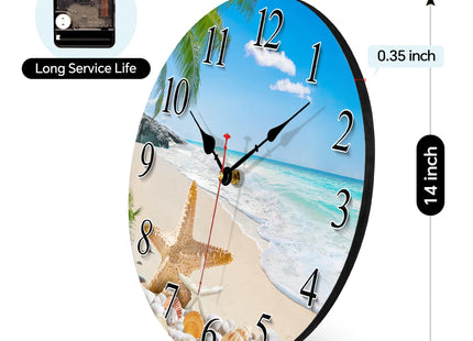 14in Coastal Ocean Wall Clock Seashell Palm Beach Silent Home Kitchen Decor
