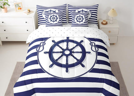 Erosebridal Steering Wheel Compass Comforter Set 7 Piece Bed in a Bag Twin,Blue White Stripes Bedding Sets Nautical Rope Knot Sheet Set with Comforter