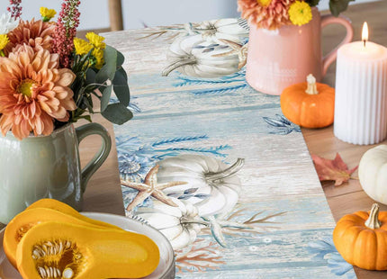 Boanket Blue Coastal Fall Table Runner - 36 Inch Long, Thanksgiving Pumpkins Kitchen Dining Table Runner Dresser Scarves, Starfish Coral Farmhouse Decor for Coffee Tables Wedding Party Banquet