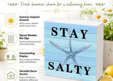 Stay Salty Wood Box Sign for Beach House Decor and Beach Lovers, Coastal Summer Starfish Tabletop Decoration for Home Office Bathroom Shelf Desk, Ocean Theme Gift