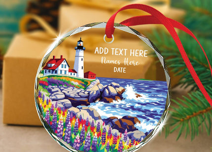 Personalized Text & Name Maine Lighthouse Glass Ornament 2026, Maine Scenic Lighthouse Ornament Gifts for Travel Lover, Custom ME Landscape Glass Ornaments Christmas, Travel Souvenir Xmas Decoration