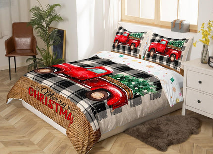Kids Christmas Truck Duvet Cover Set Full Size,Xmas Tree Snowflake Bedding,Girls Boys Adults Room/Cabin Decor,Geometric Grids Plaid Chic Comforter Cover,Rustic Retro Quilt Cover,3pcs,2 Pillowcases