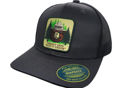 PNW Apparel Smokey the Bear Keep it Green Snapback Trucker Hat with Smokey the Bear Woven Patch (Grey/Black)