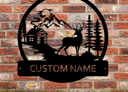 Deer and Cabin Custom Name Sign Metal Wall Art Personalized Last Name Plaque Outdoor Metal Wall Art Personalized Gift for Wedding/Housewarming