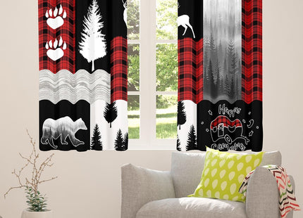 Erosebridal Hunting Deer Bear Curtains,Red Black Checkered Plaid Curtains & Drapes,Rustic Cabin Country Decor for Bedroom Living Room,RV Camper Camping Window Treatments 2 Panels,42 x 84 Inch