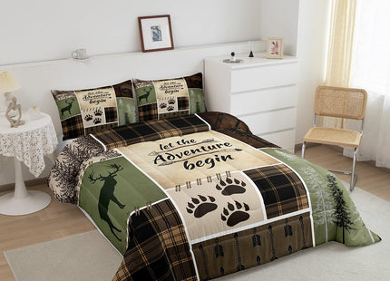 Rustic Patchwork King Size Quilt Bedding Set,Brown Plaid Check Adventure Comforter Set for Men Women Adults,Lodge Country Deer Bear Duvet Insert Retro Nordic Boho Arrow Down Comforter,3 Pieces