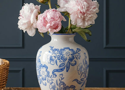 Wancetang Blue and White Chinoiserie Vase for Home Decor- 7 Inch Ceramic Floral Vase for Pampas Grass, Night Stand, Coastal, Kitchen Island, Dining Table Decor