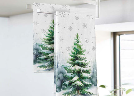 Croar Winter Pine Tree Kitchen Dish Towel, Snowy Snowflake Farmhouse Drying