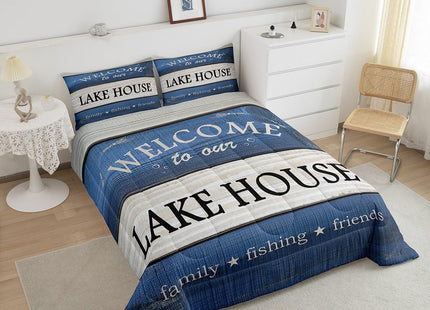 Castle Fairy Lake House Comforter Set Twin Size,Cabin Lodge Rustic Farmhouse Style Bedding Set for Kids Boys Men,Country Blue Wooden Stripes Quilted Duvet Set with 1 Pillowcase