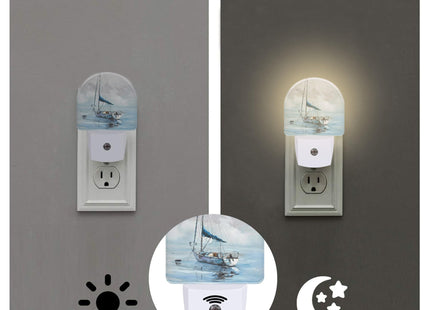 sndheke Blue Sailboat in Harbor Night Light Plug into Wall, Boat Ocean Oil Painting Dusk to Dawn Night Light Plug in,0.5w Energy Saving Sleep Friendly NightLight for Kids Boys Girls Home Decor