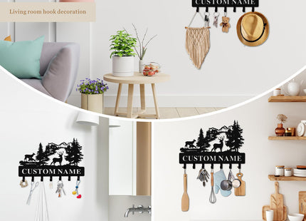 Quanqiuyi Personalized Forest Deer Coat Rack Wall Hanging Key Holder with Name, Metal Key Holder Wall Mount for Kitchen Hallway Doorway Home Decor Gift