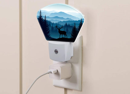 Uiaoiais Blue Misty Mountains Plug in Night Lights, Deer Nightlight Plug Into Wall Dusk to Dawn Sensor for Kid Girls Boys Women Men Bedroom, Hallway, Kitchen, Bathroom, Stairs Decor