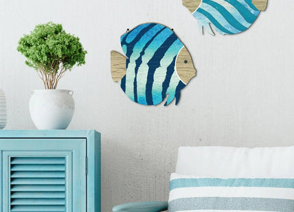 Putuo Decor 2PC Coastal Fish Wall Decor, MDF Nautical Hanging Decor with Metal Hook, Ocean Themed Wall Art Set for Bathroom, Lake House, Seaside Living Space(Blue Coastal Stripes)