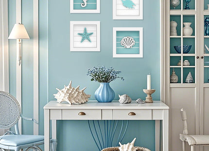DETENE 4Pcs 3D Nautical Wall Art, Starfish Seashell Framed Bathroom Decor