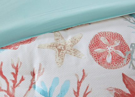 Island Living Coral & Teal Seashells, Starfish, Beach Queen Comforter Set (7 Piece Bed in A Bag)