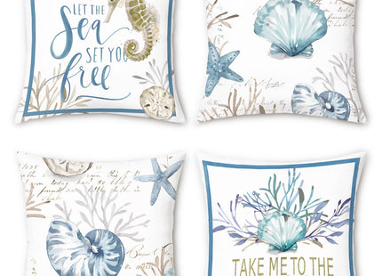 Bonhause Nautical Coastal Throw Pillow Covers 18x18 Set of 4 Ocean Themed Beach Seashell Coral Starfish Pillows Case Soft Velvet Cushion Covers for Outdoor Sofa Home Decor