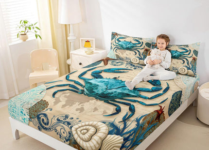 Erosebridal Sea Beach Theme Bed Sheet Set Kids Beach Crabs Print Bedding Set 3D Crab Luxury Microfiber Soft Fitted Sheet with 2 Pillow Shams, Soft Lightweight Marine Life Decorative Bed Cover,Full
