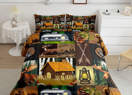 Bear Deer Moose Comforter Set Twin Rustic Farmhouse Camping Bedding Set For Adults Men Retro Camper Car Quilt Duvet For Cabin Lodge,Summer Camp House Pine Tree Woodland Animal Arrow Comforter 2 Pcs