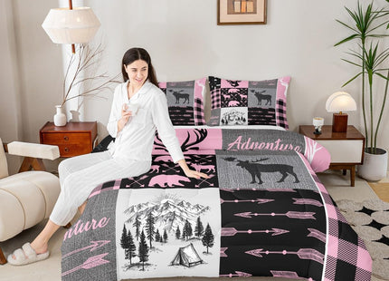 Christmas Rustic Camping Bedding Set For Boys, Hunting Elk Deer Comforter Set Full Buffalo Plaid Patchwork Duvet Insert Lodge Woodland Farmhouse Quilt For Kids Teens Adult Bedroom, Pink Black Grey