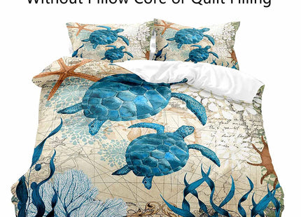 LUVIVIHOME 3PCS Blue Sea Turtle Duvet Cover Queen Bedding Sets, Coastal Bedding Teen Boys Girls Kids Bedding Beach Ocean Seaweed Coral Starfish Sea Animal Nautical Comforter Quilt Cover 2 Pillow Cases