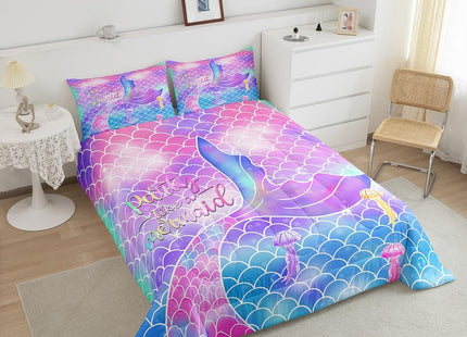 Girls Mermaid Comforter Set, Fish Scales Duvet Sets Twin Size, Glitter Rainbow Bedding Set for Kids Teens Women Bedroom Decor, Ocean Life Coastal Creature Bedding Comforters with 1 Pillow Case