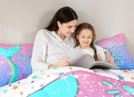 Girls Mermaid Tail Comforter Set Full Kawaii Coastal Fish Scales Bedding Set Glitter Star Galaxy Comforter Blue Pink Pastel Ombre Set Princess Bed Set Ocean Animal Quilt Duvet 2 Pillowcases Teal
