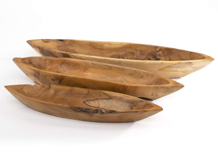 ANDALUCA Teak Wood Hand Carved Canoe Bowls for Home Decor & Kitchen (Set of 3)