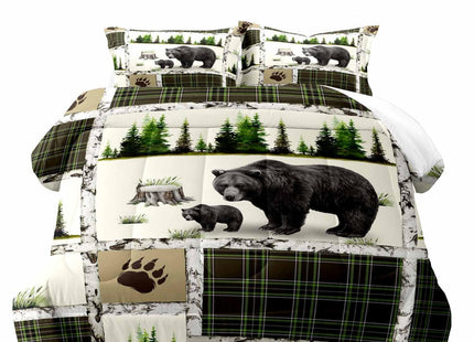 LUVIVIHOME 2PCS Rustic Cabin Bedding, Black Bear Comforter Set Twin Size, Country Lodge Farmhouse Forest Animal Wildlife Hunting Log Cabin Bedroom Decor, Green Plaid Patchwork Quilt, 1 Pillow Sham
