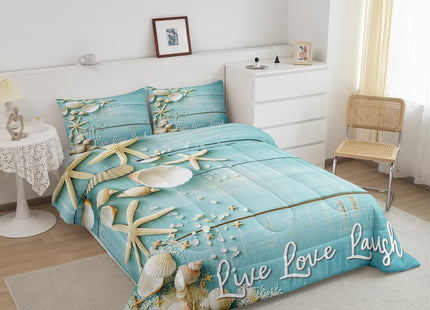 Erosebridal Starfish Seashell Twin Comforter Set,Conch Sea Shell Bedding Comforters & Sets Coastal Animal Duvet Retro Rustic Farmhouse Quilt Comforter Teal Wooden Striped Bedding Kids Boys Girls