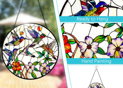 Hummingbird and Flowers Stained Glass Window Hanging - 8″ Hummingbird Suncatcher Indoor Window Hanging Decor Birds Ornaments with Chain and Hooks - Hummingbird Gifts for Women Mom Grandma Bird Lovers