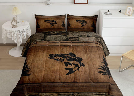 Manfei Pike Fish Comforter Set Toddler Size,Rustic Farmhouse Brown Wooden Bedding Set 2pcs,Fishing and Hunting Down Comforter for All Season,Kids Boys Girls Room Decor,1 Pillowcase,No Sheets