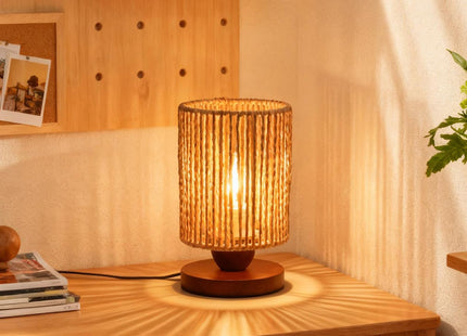 Handmade Rattan Lamp Boho Table Lamp for Bedroom, Small Woven Lamps for Night Stands with Warm White LED Bulb, Coastal Boho Lamp for Living Room Reading Nook Office Desk, 12cm Shade 20cm Height