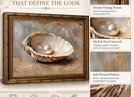 Vintage Gold Framed Wall Art, Seashell and Pearl Canvas Print, 11x9 In