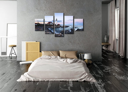 Wieco Art Large Canvas Prints Wall Art Portland Lighthouse Landscape Pictures to Photo Paintings for Kitchen Bathroom Home Decoration Wall Decor 5 Panels Modern Gallery Wrapped Seascape