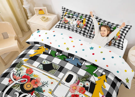 Erosebridal Camper Bedding Set Old Barn Door Duvet Cover Flowers Cabin Plaid Comforter Cover Rustic Farmhouse Style Bed Set Geometric Lattice Camping Decor,Black and White Twin Size