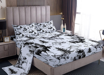 Bear Bed Sheets for Rustic Cabin,Grey Deer Moose Wolf Mountain Sheet Set Twin,Farmhouse Pine Tree Woodland Bedding Set Bedroom Decor,Retro Hunting Wild Animal Fitted Sheet + Flat Sheet + 1 Pillowcase