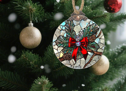 Christmas Pinecone Bow Stained Glass Window Hanging Suncatcher Gifts 3.2"