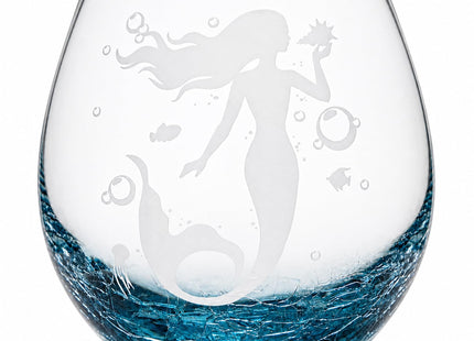 19 oz Printed Mermaid Stemless Wine Glass, Teal Crackle Base, Ocean Crystal