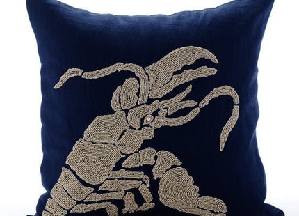The HomeCentric Throw Pillow Cover 22x22 inch (55x55 cm) Navy Blue Pillow Cover, Beaded Lobster Sea Creatures Ocean Beach Theme Linen Throw Pillow Cover, Floral Mediterranean - Lobster At The Shore