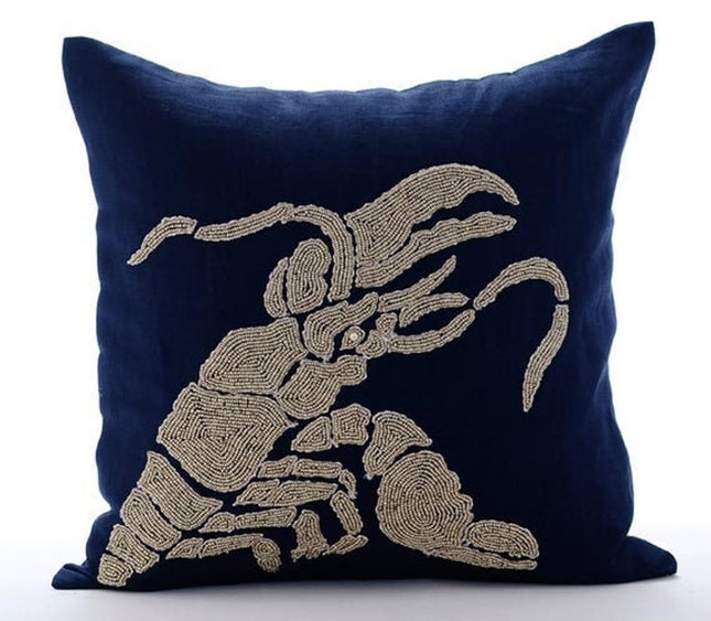 The HomeCentric Throw Pillow Cover 22x22 inch (55x55 cm) Navy Blue Pillow Cover, Beaded Lobster Sea Creatures Ocean Beach Theme Linen Throw Pillow Cover, Floral Mediterranean - Lobster At The Shore