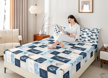 Ocean Coastal Theme Fitted Sheet Queen Size,Navy Blue Geometric Plaid Patchwork Grid Bedding Set Whale Conch Seahorse Starfish Coral Bed Sheet 3Pcs,Undersea World Deep Pocket Sheet,2 Pillowcases