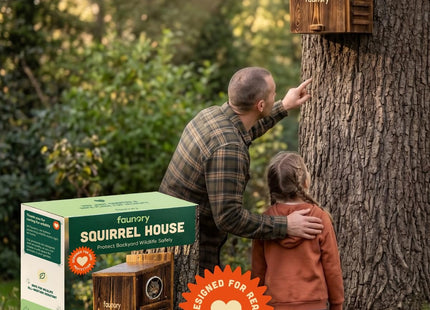 Faunory Squirrel House, Outdoor Wooden Squirrel Nesting Box with Predator Guard, DIY Squirrel Box for Trees, Gardens and Backyards