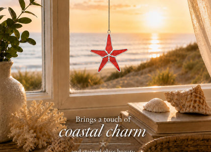 Red Stained Glass Starfish Suncatcher 3in Home Decor, Beach Gifts for Women