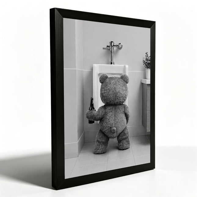 Funny Bear Bathroom Wall Art, Framed Canvas Wall Decor with Black Solid Wood Frame, Cute Animal Bathroom Artwork, Rustic Farmhouse Restroom Decor, Humorous Home Wall Hanging