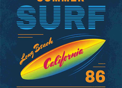 Ambesonne Surf Duvet Cover Sets, American Boardriders Long Beach Sun Standing in Ocean Waves Illustration, Bedding Set with 2 Duvet Covers & 4 Pillowcases, 2 Pack King Size, Marigold Blue