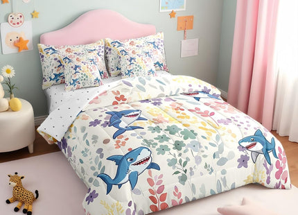 Erosebridal 7Pcs Ocean Shark Twin Comforter Set with Sheets,Colorful Floral Sea Animal Bedding Set for Kids Girls Boys,Cute Flower Bed in a Bag with Fitted Sheet,Flat Sheet,Pillowcases