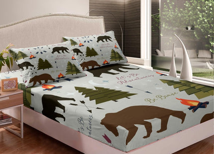 Happy Camping Fitted Sheet Twin Size Hunt Bear Pine Trees Bedding Set for Kids Boys Men Adults Cabin Room Decor Campfire Arrow Cartoon Bed Sheet Wild Outdoor Adventure Deep Pocket Sheet 2pcs