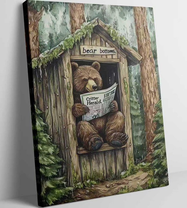 Bear Framed Canvas Wall Art Rustic Bear in Outhouse Picture Animal on Toilet Prints Forest Wildlife Painting Farmhouse Cabin Bathroom Decor for Bathroom 12x16 inches