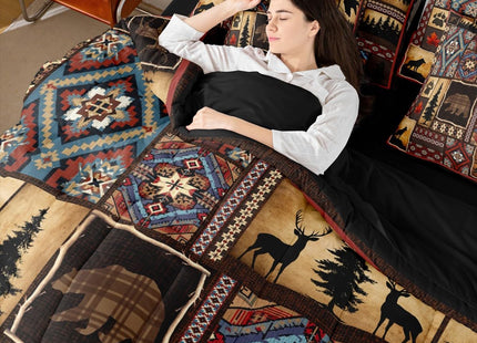 Erosebridal 7 Piece Rustic Cabin Plaid Comforter Set Queen,Rustic Farmhouse Aztec Bedding Sets For Kids Teens Men,Retro Hunting Wild Animals Bed in a Bag With Sheets,Country Woodland Pine Tree Bed Set