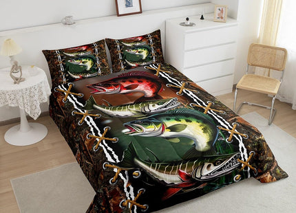Erosebridal Big Pike Fish Comforter Set Twin Size Hunting and Fishing Themed Bedding Boys Girls Bass Big Fish Bedding Comforter Sets Rustic Farmstyle Duvet Insert Bass Fish Quilt Gifts Adult